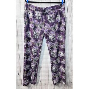 Purple Unicorn Skull Death Moth Floral Print Lounge‎ Pants, Pockets, Drawstring